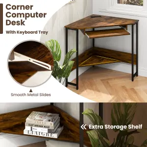 COSTWAY Corner Desk with Power Outlets Computer Desk with Keyboard Tray