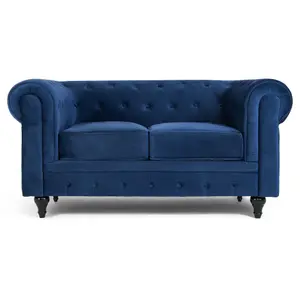 Velvet Chesterfield 2 Seater Sofa - Navy Blue