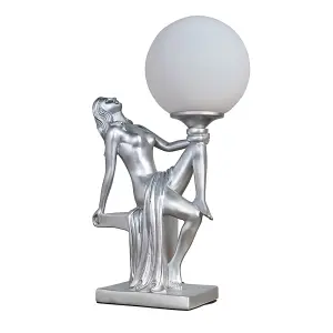 ValueLights Matilda Matt Silver Art Deco Table Lamp with White Opal Glass Globe Shade