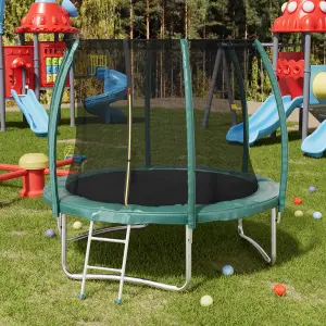 10ft Outdoor Round Trampoline with Safety Net Enclosure and Ladder in Dark Green for Garden