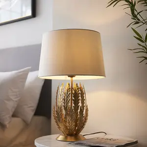 Ornate Gold Table Lamp Light & Ivory Cotton Fabric Shade Decorative Leaf Design