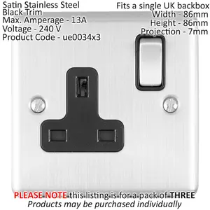 3 PACK 1 Gang Single UK Plug Socket SATIN STEEL 13A Switched Black Trim Plate