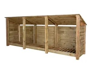 Wooden log store (roof sloping back) W-335cm, H-126cm, D-88cm - natural (light green) finish