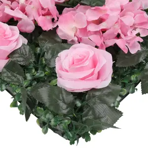 Artificial Flower Wall Backdrop Panel, 60cm x 40cm, Pink Roses with Leaves