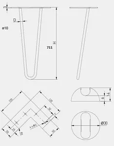 Hairpin metal table Leg - 710mm, fi 10 - black - pack of 4