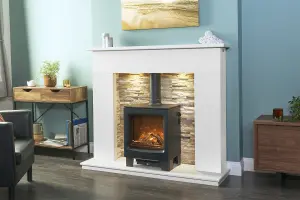 Acantha Monara White Marble Fireplace with Downlights Lunar Electric Stove in Charcoal Grey, 54 Inch