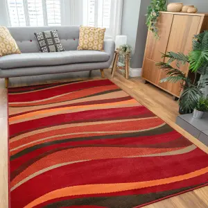 Warm Red Terracotta Wave Living Room Rug 190x280cm