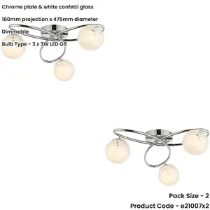 2 PACK Chrome Semi Flush Low Ceiling Light - White Confetti Multi Arm Glass - 3 X 3W LED G9