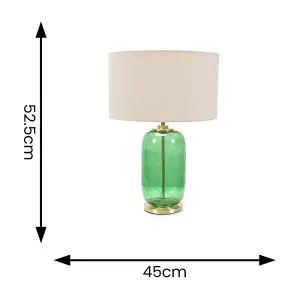 ValueLights Leigh Forest Green Glass and Gold Detail Table Lamp with Natural Drum Shade Light - LED Bulb Included