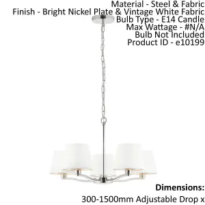 Ceiling Pendant Light Bright Nickel Plate & Vintage White Fabric 5 x 40W E14