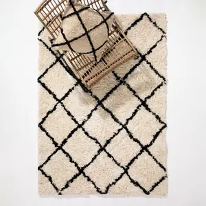 Braemar Argyle 100% Cotton Cream Base Black Cross Shaggy Floor Rug 170 x 120cm