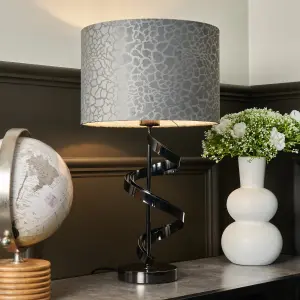 Litecraft Spiral Black Table Lamp with Grey Giraffe Flock Shade