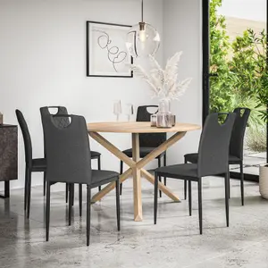 Malvern Round Dining Table And Chairs -  Oak Table Top w Solid Oak Legs + Monza Fabric Dining Chair Set Of 6 (Charcoal)