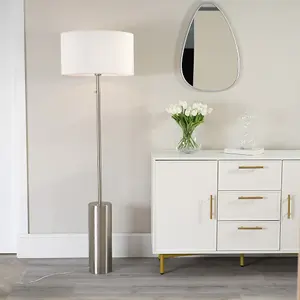 ValueLights Lexy Brushed Chrome Rotary Dimmer Switch Floor Lamp with White Drum Shade