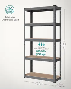 SONGMICS 5-Tier Steel Storage Unit, Shelves, Bolt-Free Assembly, Great for Garage and Shed, Grey