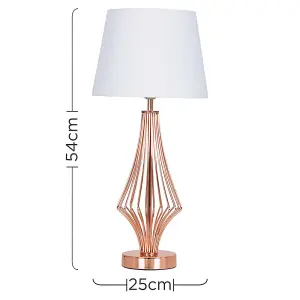 ValueLights Jaspa Copper Metal Wire Geometric Diamond Design Table Lamp with White Tapered Shade with 6w LED GLS Bulb