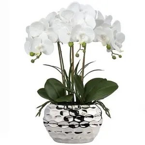 Briful 17" Artificial Orchid Phalaenopsis Flowers Decorative Orchid Bonsai Fake Flowers Real Touch Orchid Artificial Flowers With Silver Ceramic Pot