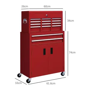 HOMCOM Top Chest and Roller Cabinet Combo Metal Tool Cabinet on Wheels Red