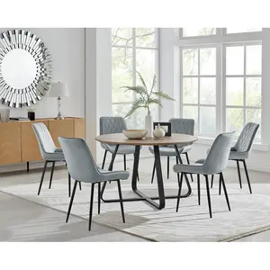 Sandy Classic Wood Effect & Metal Dining Table Set with 6 Luxury Velvet Dining Chairs Grey/Black