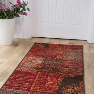 Red Brown Traditional Patchwork Living Room Runner Rug 80x320cm