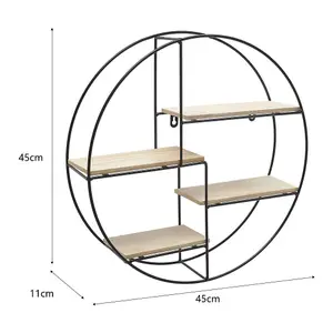 4 Wooden Shelves Modern Round Floating Wall Mount Shelf Wall Accent with Iron Frame