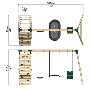 Rebo Wooden Swing Set with Up and Over Climbing Wall - Skye Green