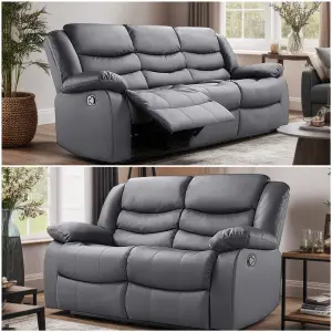 Roma Recliner Leather Grey 3+2 Sofa Set, Armchair Inspired Home Theatre and Living Room Seating