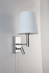 Harper Living Plug-In Wall Light with switch and Adjustable LED Reading Light, Polished Chrome Finish, Ivory White Fabric Shade