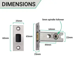 EAI Tubular Bathroom Deadbolt Kit - 64mm Case - 44mm Backset - Satin Stainless