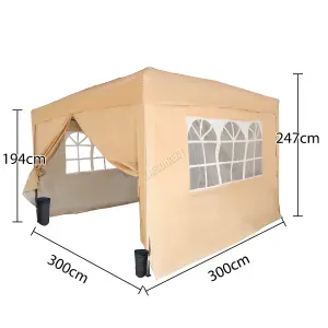 Birchtree Waterproof 3m x 3m Heavy Duty Pop Up Gazebo Marquee Garden Awning Party Tent Canopy 600D Polyester Steel Frame Beige