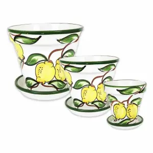 Lemons Hand Painted Set of 3 Classic Plant Pots & Drainage Plates (D) 16-29cm