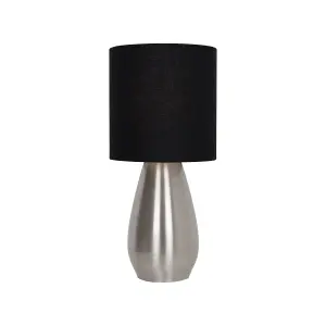 First Choice Lighting Set of 2 Bullet Satin Nickel Touch Table Lamps with Black Fabric Shades