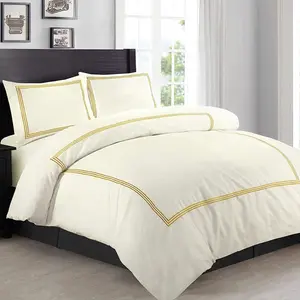 My Home Store Junco Microfiber 3 Piece Luxury Bratta Stitch Duvet Cover Sets With Pillowcase Cream/Golden / Double - 2 Standard Pillowcases