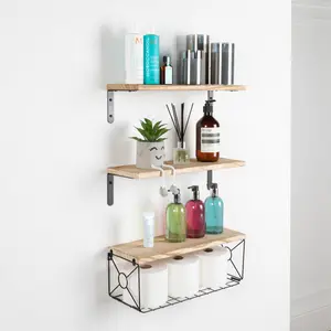 Floating Shelf Wall Mounted 3 Wood Shelves With Metal Basket