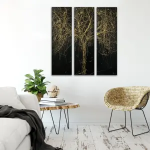 Original art, acrylic and metallic gold abstract sculptural wall art, black tree painting on 3 box canvas totalling 105cm wide x 1