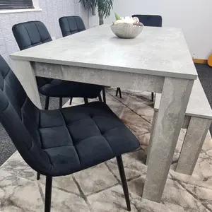 Grey Kitchen Dining Table, 4 Black Tufted Velvet Chairs and 1 Bench Dining Set