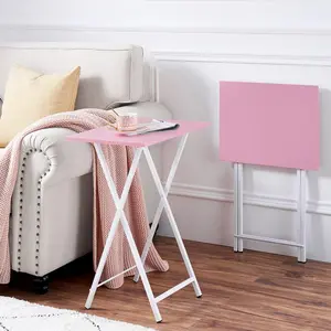 Folding Side Table with Cup Holder, Industrial Side Table for Living Room, Bedroom (Set of 2) Pink/White