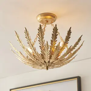 Ornate Gold Flush Ceiling Light - Decorative Leaf Design Dimmable 3 Bulb Pendant