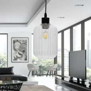 First Choice Lighting Batley Clear Ribbed Glass with Black Pendant Fitting