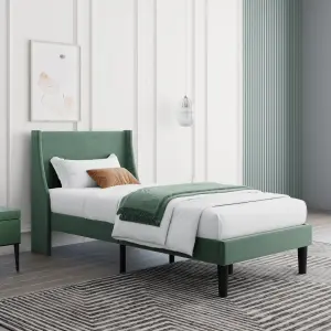 Velvet Upholstered 3FT Single Bed Frame with Winged Headboard and Wood Slat Green Bed