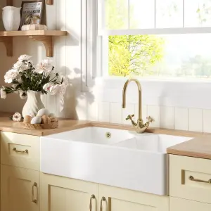 895mm - Fireclay 2 Bowl Stepped Weir Butler Kitchen Sink -  Tap Ledge & Overflow