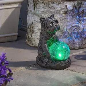 Solar Powered Mystic Dog Garden Ornament - Hand Painted Sculpture with Light Up LED Crackle Glass Ball - H19.5 x W10 x D15.5cm