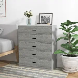 URBNLIVING Height 90.5cm 5 Drawer Wooden Bedroom Chest Cabinet Modern Grey Carcass and Ash Grey Drawers Wide Storage Cupboard