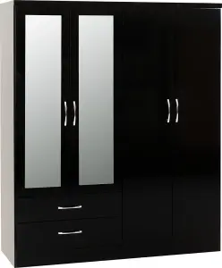 Nevada 4 Door 2 Drawer Mirrored Wardrobe in Black Gloss Finish