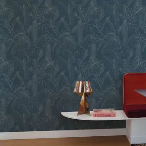 Grandeco Galapalos Sketch Leaf Sprig Foliage Blown Vinyl Wallpaper, Navy