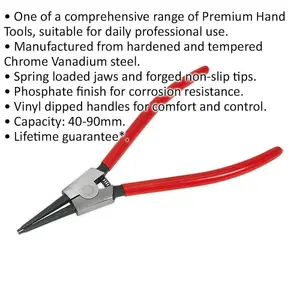 230mm Straight Nose External Circlip Pliers with Spring Loaded Jaws and Non-Slip Tips for Precision Work