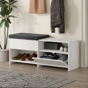 Decortie Modern Filux Shoe Bench Rack White Sliding Fabric Seat and 120.3(W) Storage Cabinet 2-Tier Open Shelves Hallway