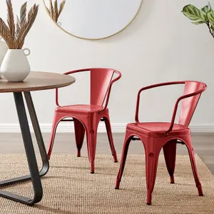 Furniturebox Set of 2 Red Colton Tolix Style Stackable Industrial Metal Dining Chair with Arms