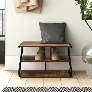 3 Tier Rustic Brown S Frame Wooden Shoe Storage Rack Organiser Shelf 60cm (W) x 35cm (D) x 40cm (H)