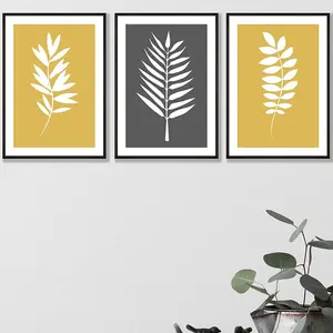 Set of 3 Yellow Grey Graphical Leaves Wall Art Prints / 42x59cm (A2) / Black Frame